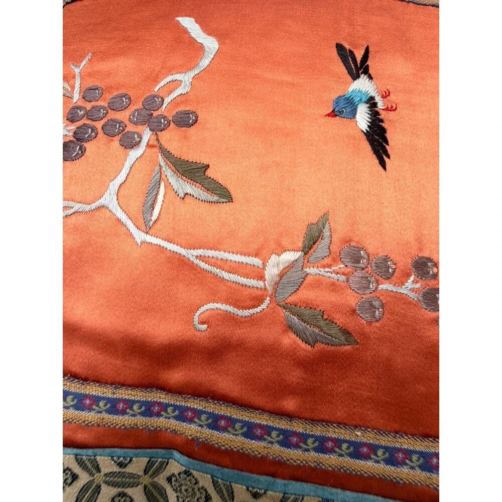 Vintage Hand Embroidered Chinese Silk Pillow Case Birds Flowers Colorful Art
